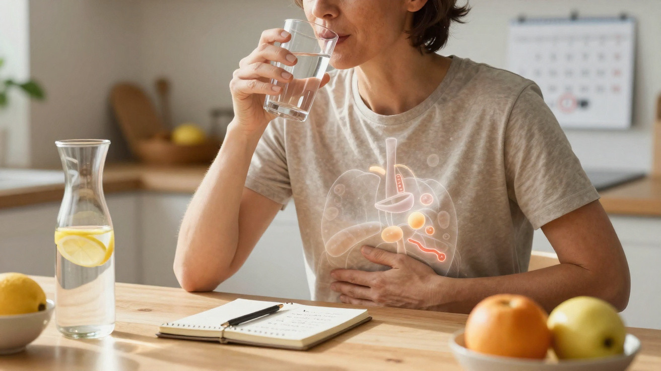 Pessoa bebendo água em cozinha com ilustração digital dos pulmões sobreposta no corpo.