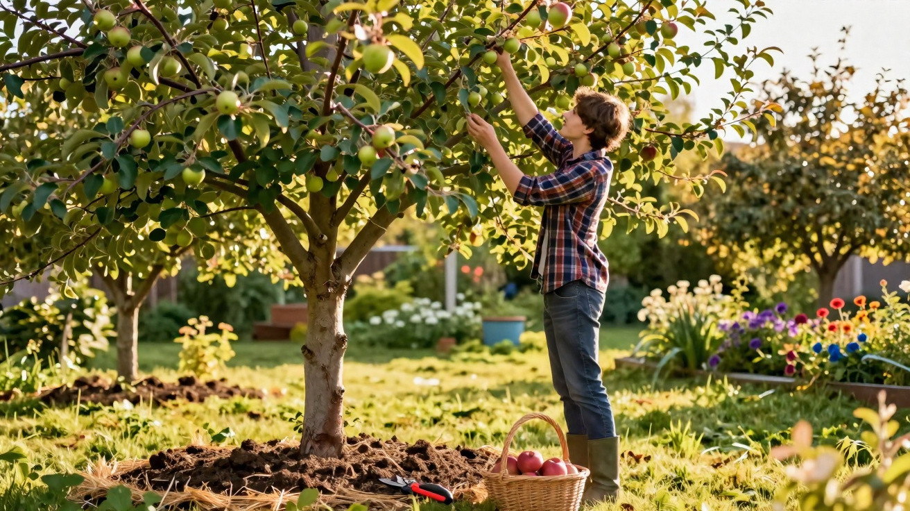 Jovem colhendo frutas de uma árvore em pomares com cesta de maçãs no chão ao lado.