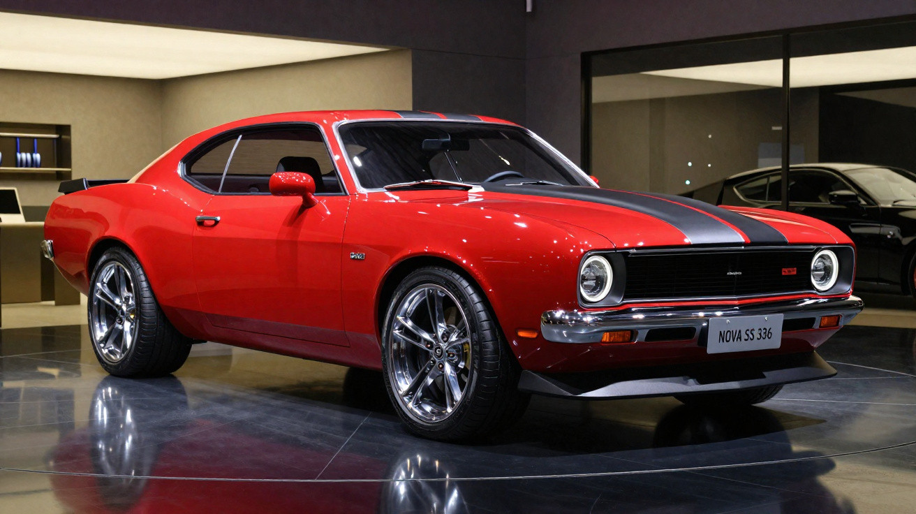 Carro esportivo clássico vermelho modelo Nova SS 336 com faixa preta e rodas cromadas em showroom moderno.