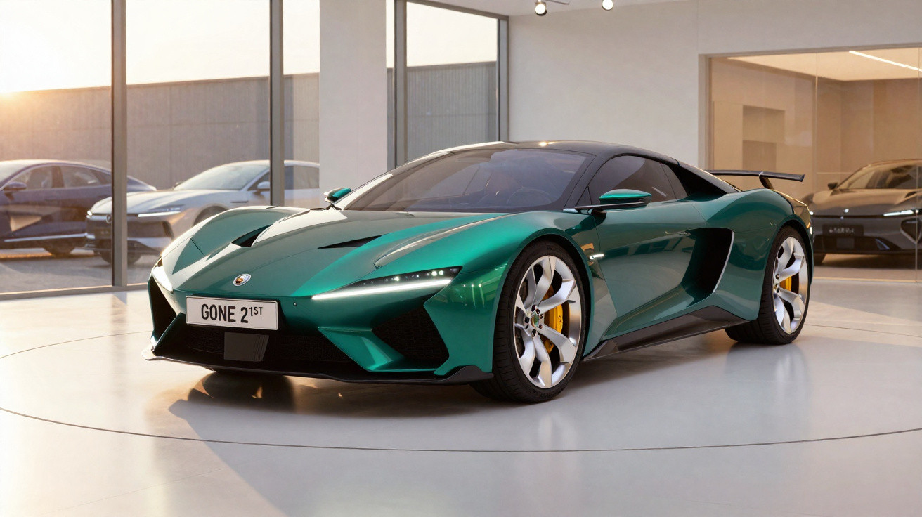 Carro esportivo verde metálico exibido em showroom moderno com luz natural e teto preto aerodinâmico.