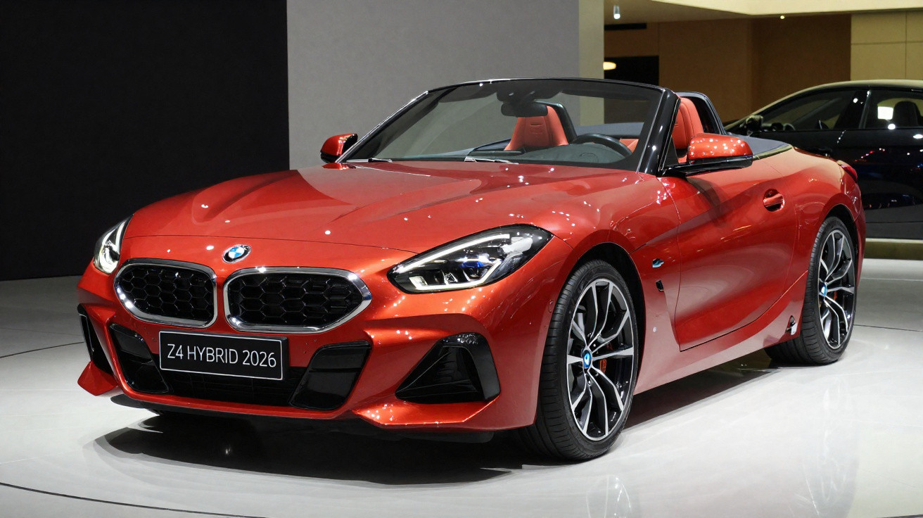 Carro conversível BMW Z4 Hybrid 2026 vermelho em exposição interna.