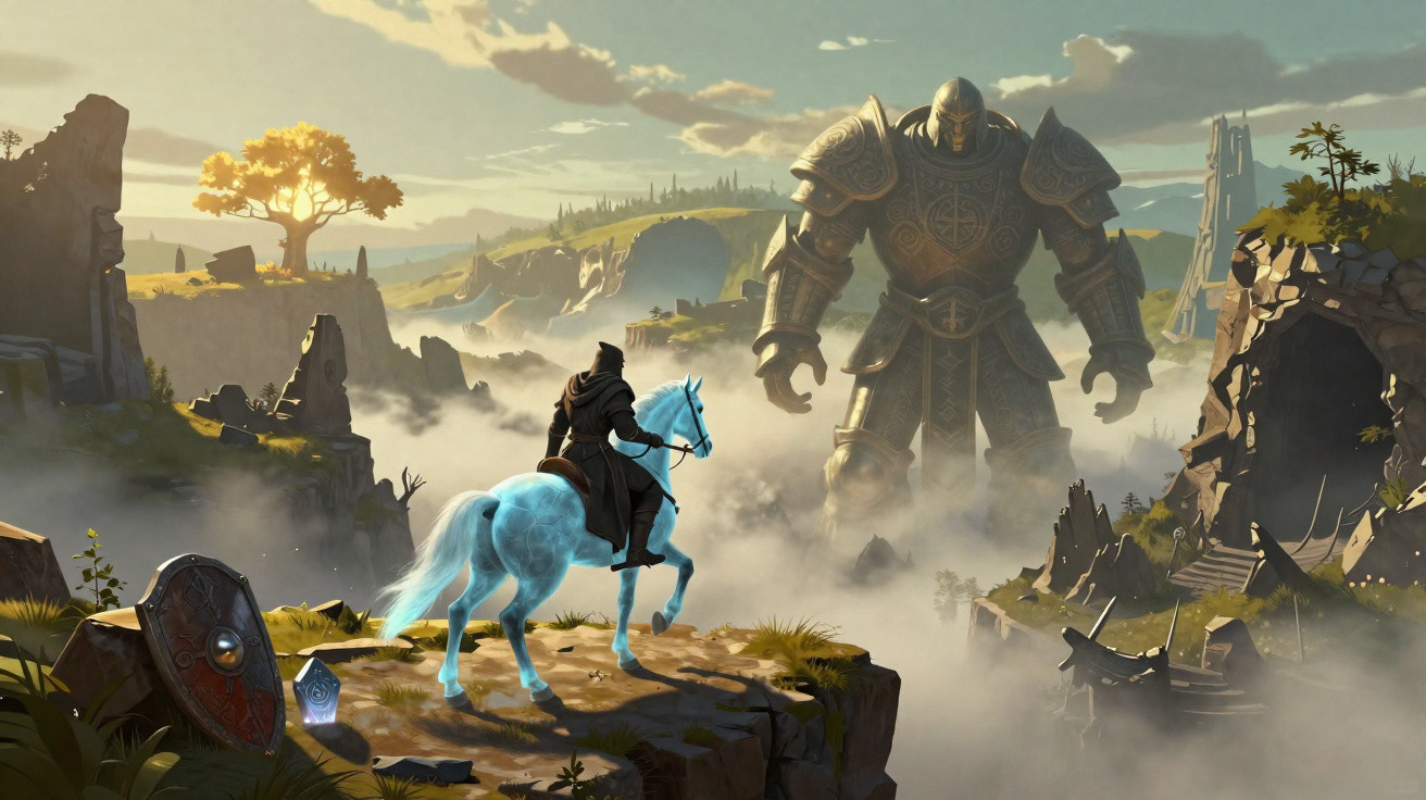 Cavaleiro em cavalo azul enfrenta um gigante de armadura em paisagem montanhosa nebulosa ao amanhecer.
