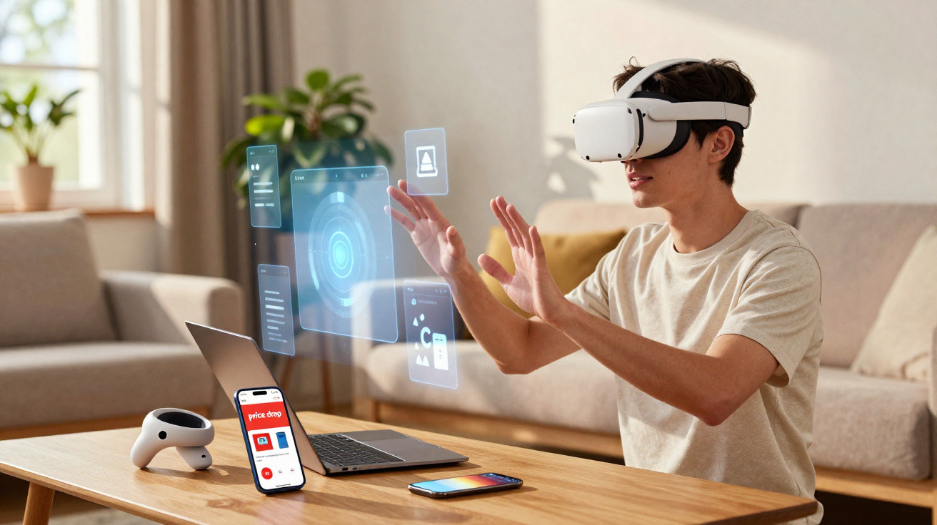 Homem usando óculos de realidade virtual interagindo com interface holográfica em sala de estar.