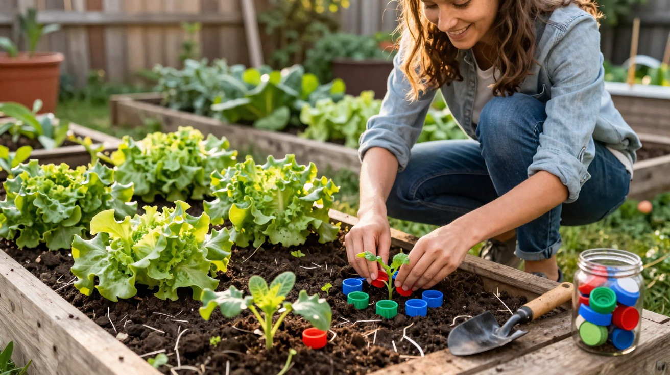 Mulher plantando mudas em horta com alface, usando tampas plásticas coloridas para marcar as plantas.