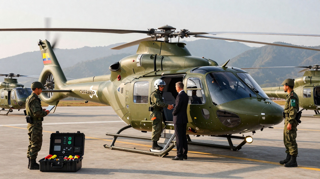 Helicóptero militar verde com quatro homens, dois em uniforme e um em terno, em pista ao ar livre com montanhas ao fundo.