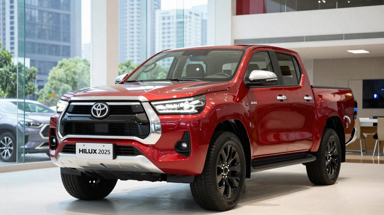 Picape Toyota Hilux 2025 vermelha exposta em showroom moderno com grandes janelas e vista urbana.