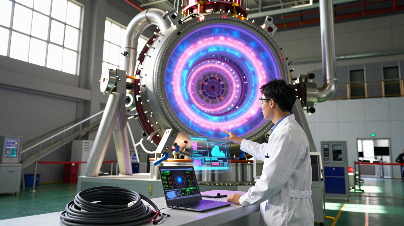 Cientista em laboratório interagindo com painel holográfico frente a aparelho tecnológico circular luminoso.