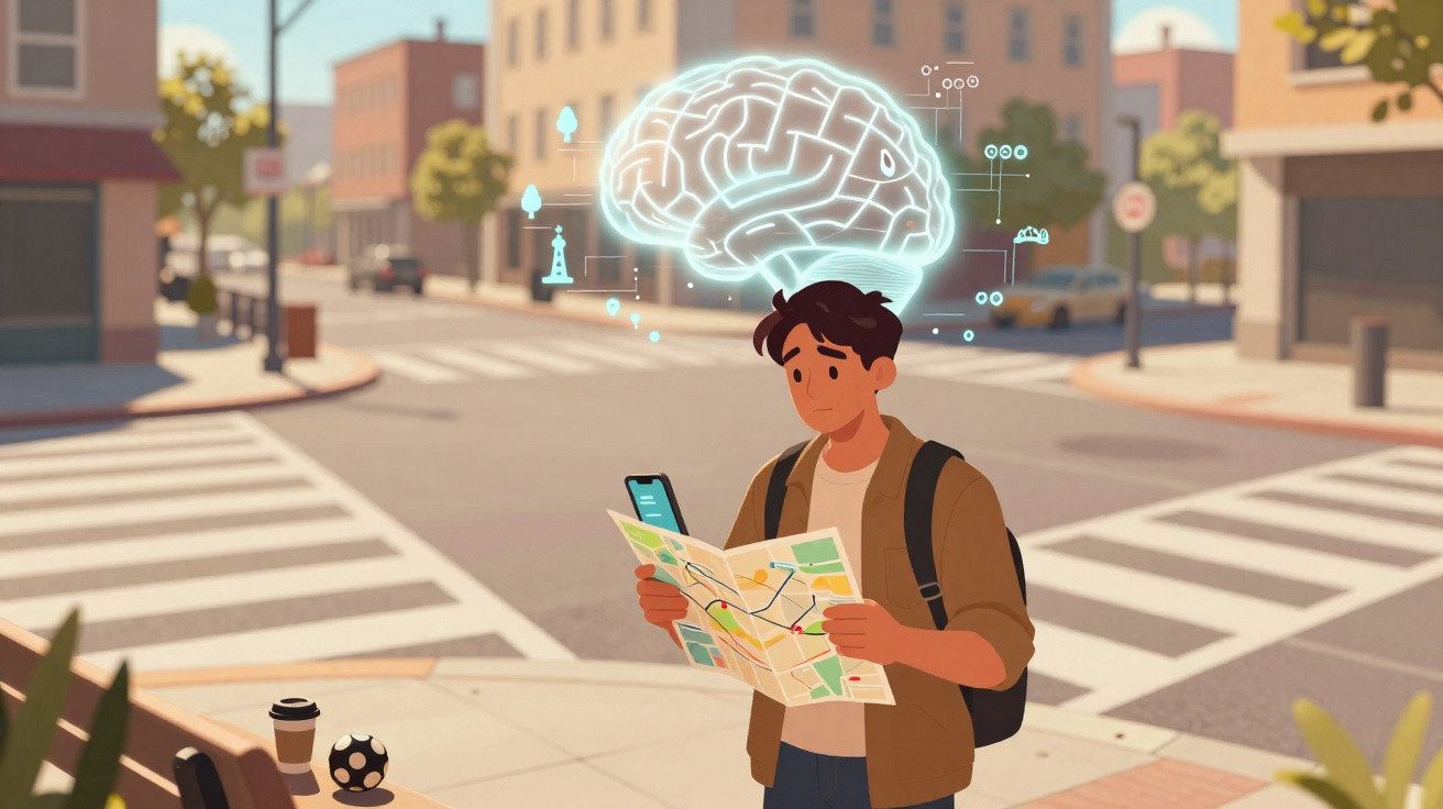 Jovem segurando mapa na rua com ilustração de cérebro brilhante simbolizando raciocínio e orientação.