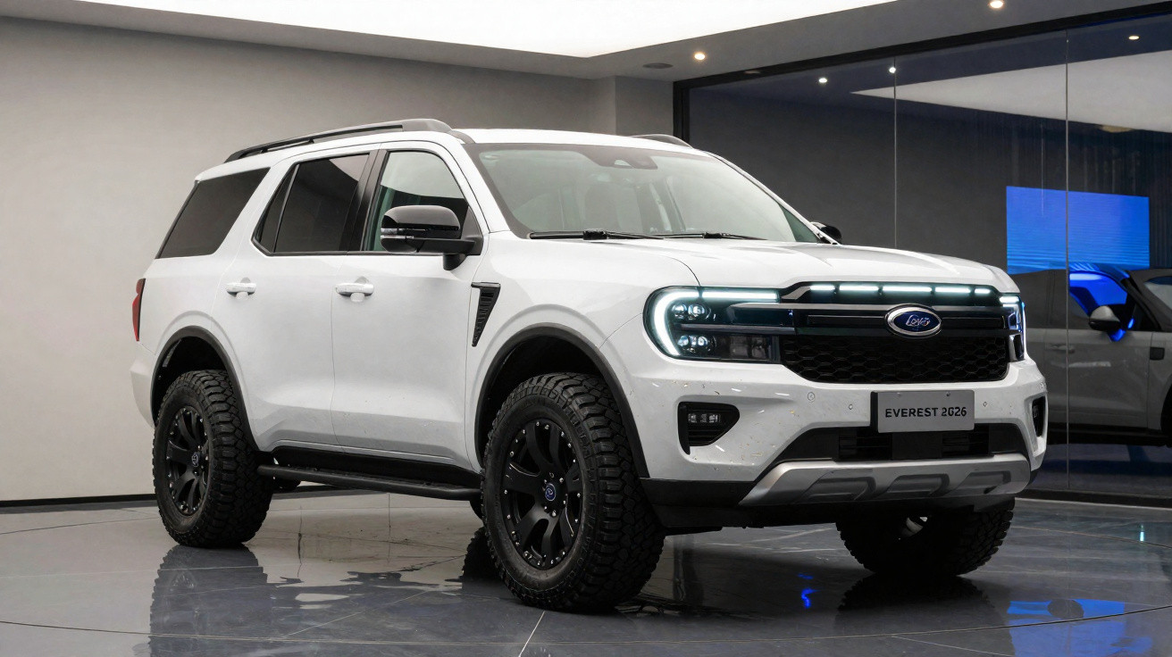 SUV branco Ford Everest 2026 em exposição com rodas grandes e faróis acesos em ambiente interno moderno.