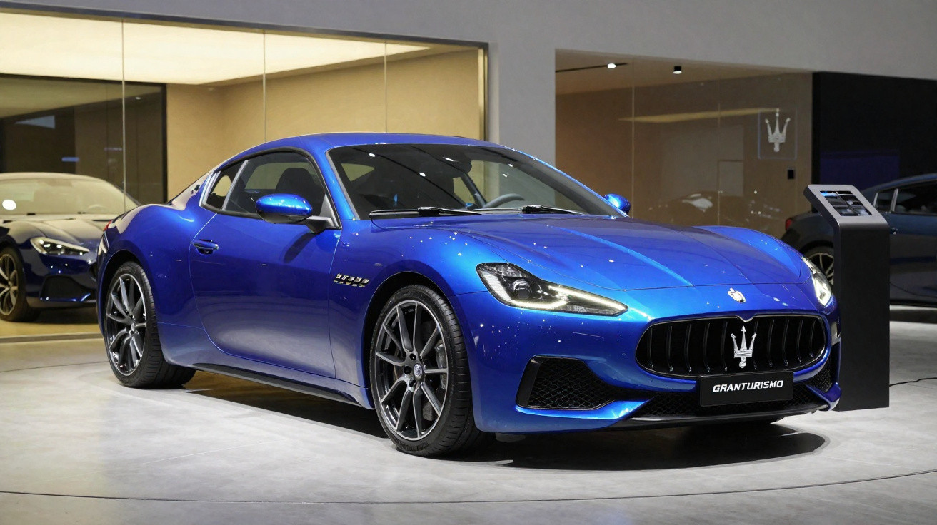 Carro esportivo azul Maserati GranTurismo em salão de exposição com refletor de luz no teto.