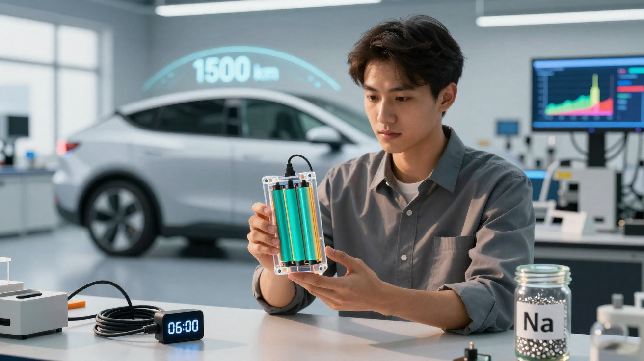 Homem analisando bateria em laboratório com carro elétrico e gráfico ao fundo.