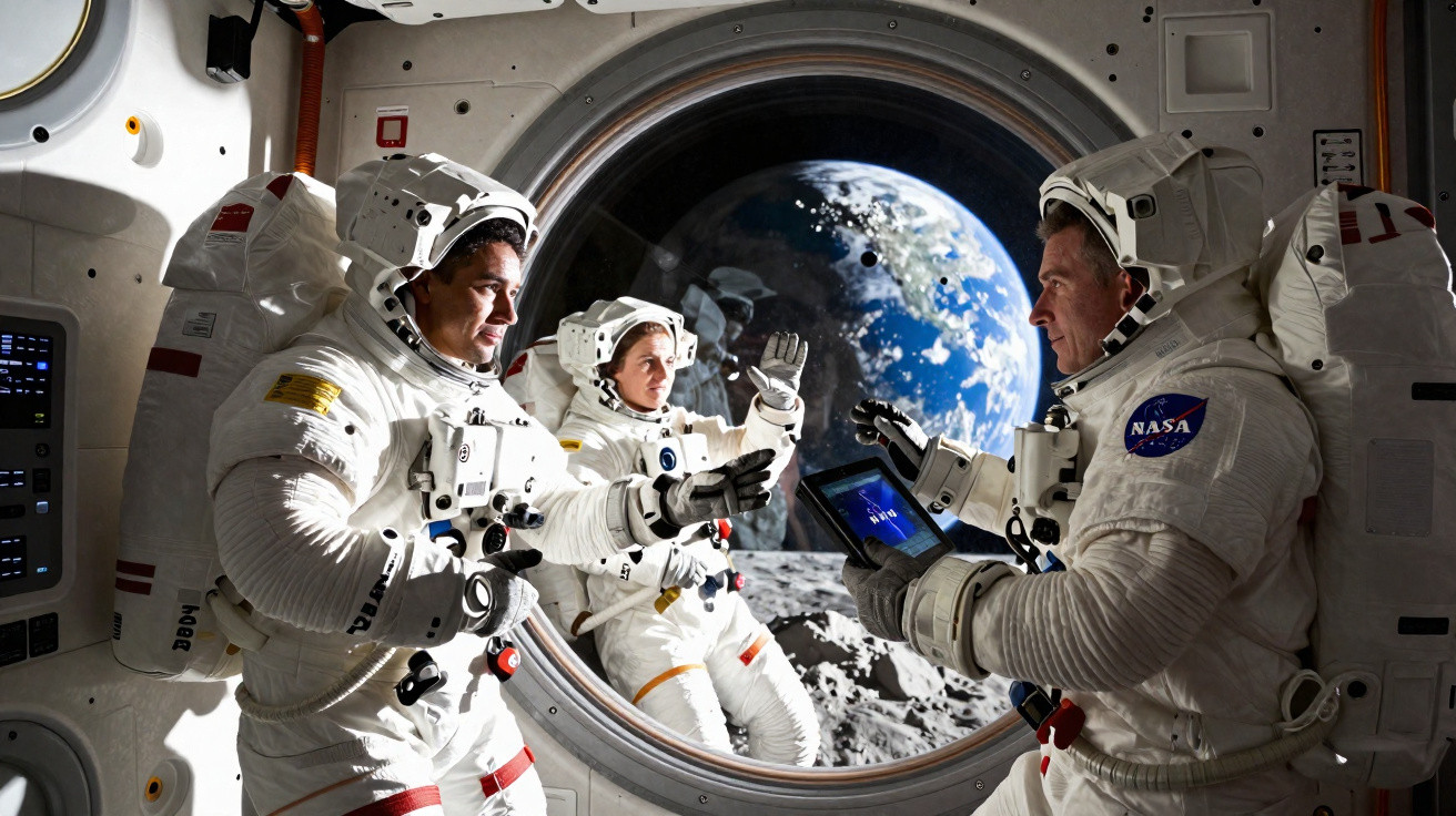 Três astronautas em trajes espaciais dentro de uma nave com a Terra vista pela janela circular.
