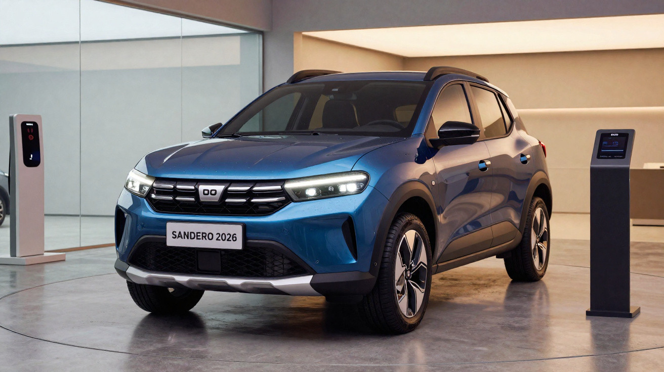 Carro SUV azul Sandero 2026 estacionado em showroom com estação de recarga elétrica.