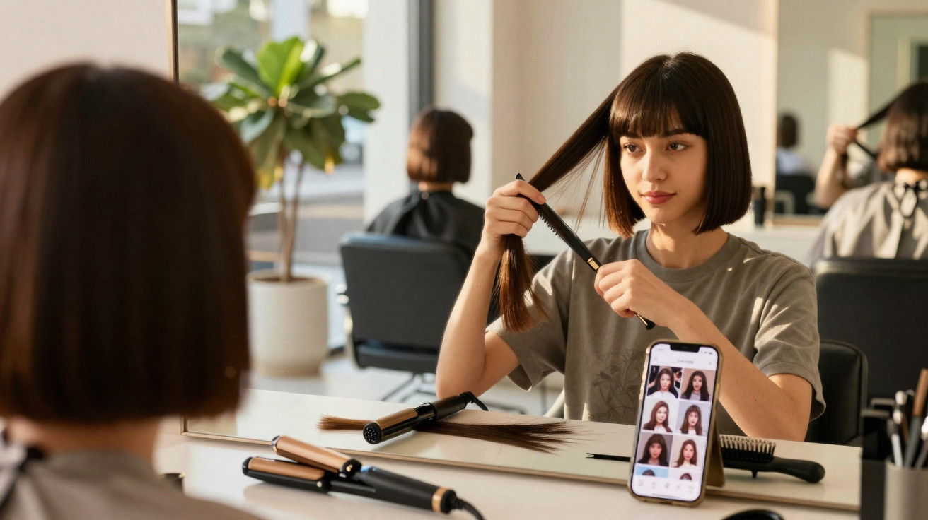 Mulher com cabelo curto usando pente e olhando para fotos de cortes de cabelo no celular dentro de salão.