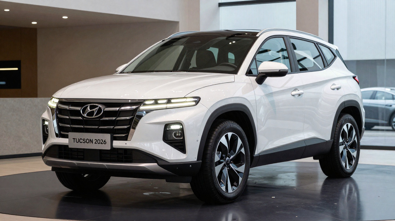 SUV branco Hyundai Tucson 2026 exibido em showroom com iluminação interna e detalhes modernos.