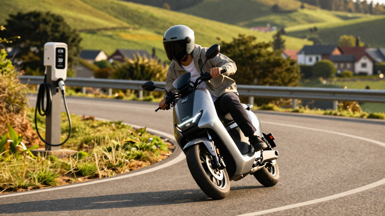 Pessoa com capacete branco pilotando uma moto elétrica em curva de estrada rural com paisagem verde ao fundo.