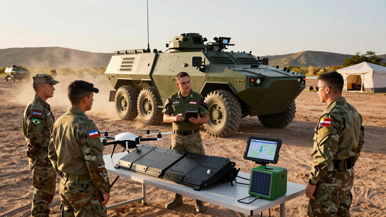 Quatro soldados em uniformes militares observam equipamento tecnológico em mesa, com veículo blindado ao fundo.