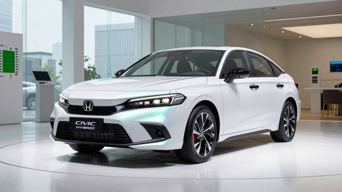 Honda Civic Hybrid branco estacionado em showroom moderno com iluminação suave e ambiente clean.