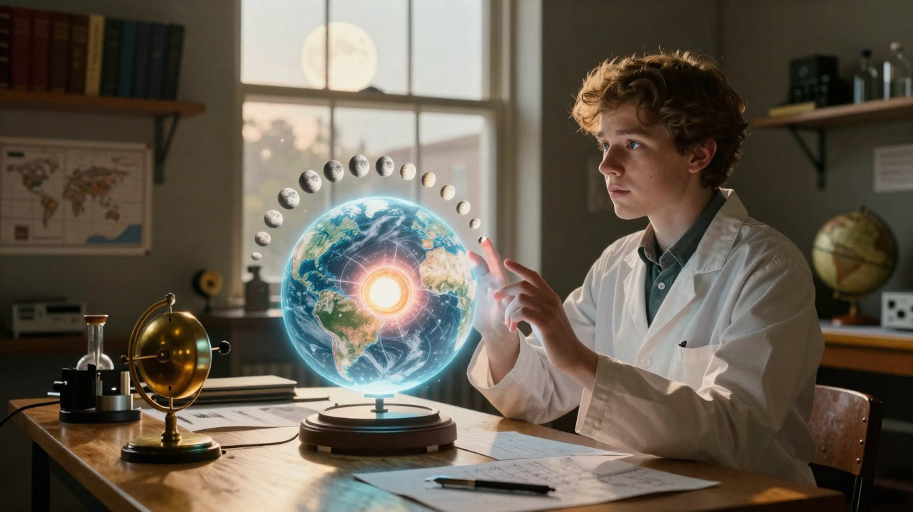 Jovem cientista usando jaleco interage com modelo holográfico da Terra e fases da Lua em sala de aula.