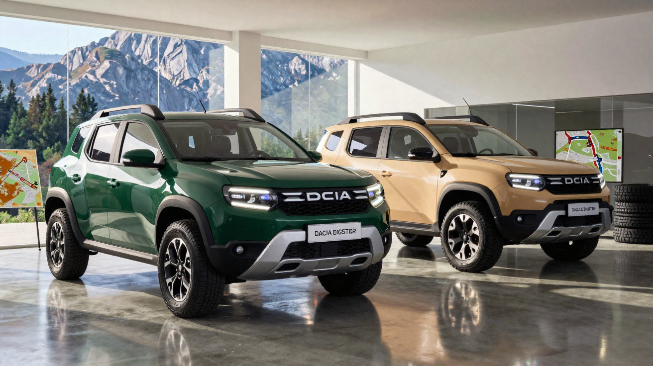 Dois SUVs Dacia Bigster, um verde e outro bege, estacionados em showroom com vidro e vista para montanhas.