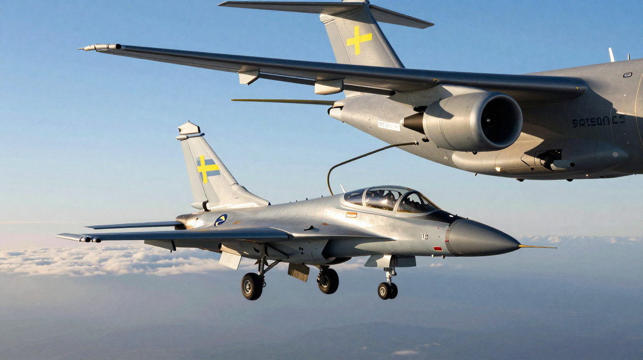 Avião de combate pequeno aproximando-se para reabastecimento aéreo de aeronave maior em voo.
