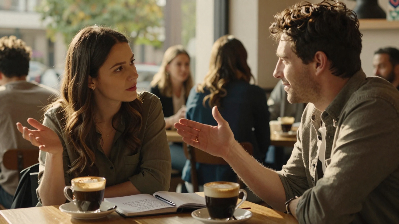 Casal conversando em cafeteria com cafés e caderno sobre a mesa, ambiente descontraído e iluminado.