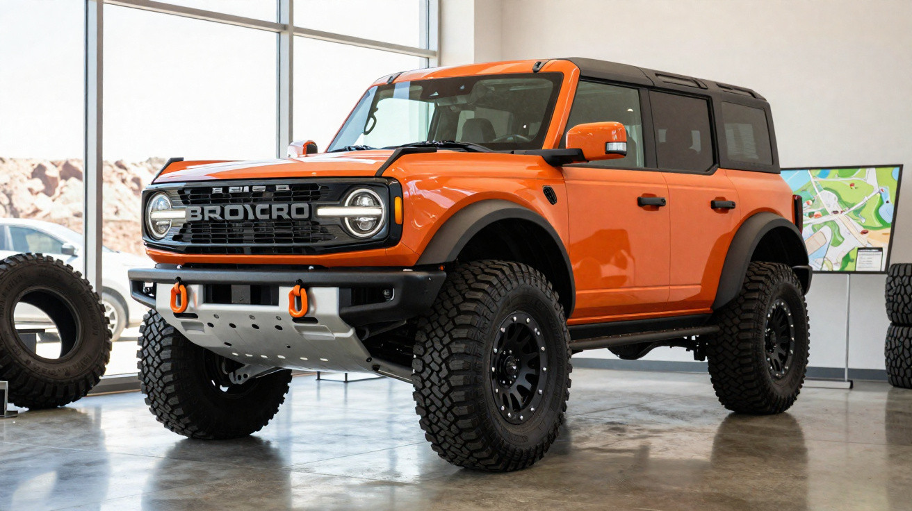 SUV off-road laranja com rodas grandes exposta em showroom moderno com paredes de vidro.