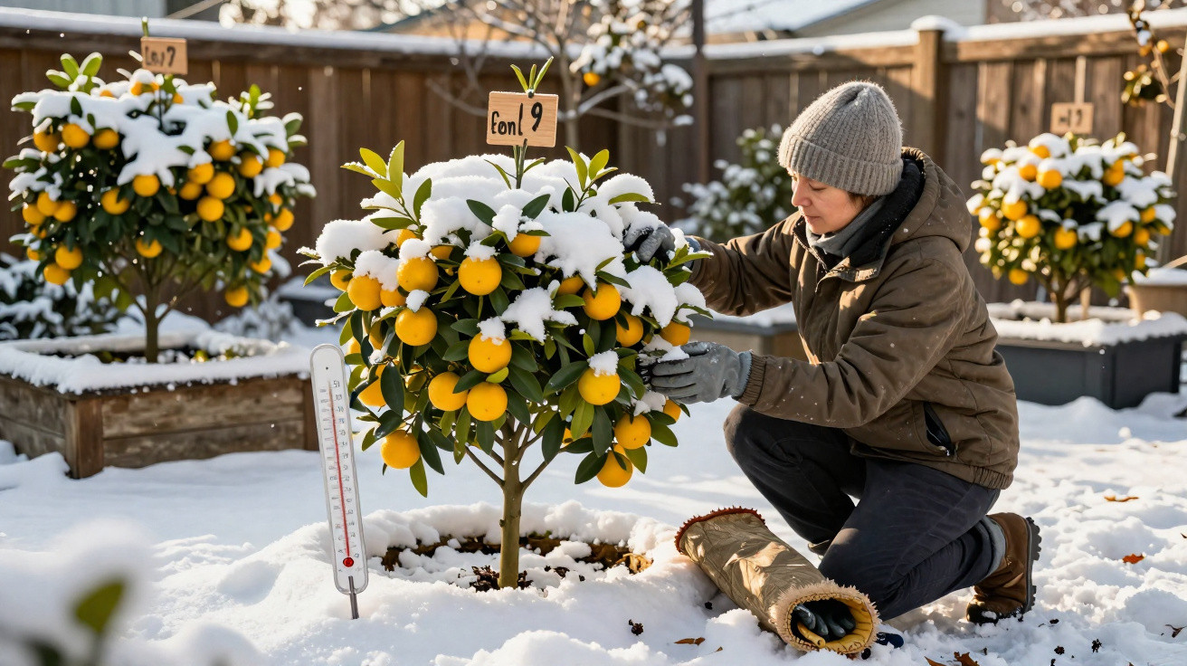 Pessoa cuidando de árvores de laranjas cobertas de neve em um jardim durante inverno.