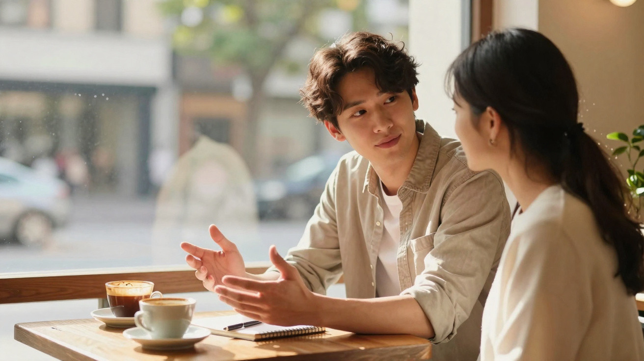 Duas pessoas conversando em um café com xícaras de café e caderno na mesa junto à janela.