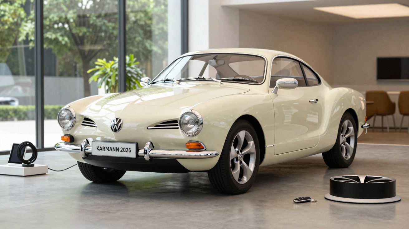 Carro Volkswagen Karmann 2026 branco exposto em ambiente interno moderno com rodas extras ao lado.