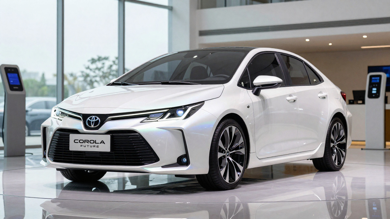 Carro sedan branco Toyota Corolla Future exposto em showroom moderno com acabamento brilhante.
