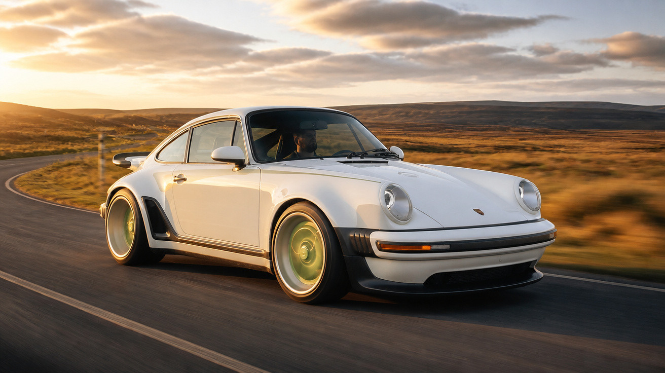 Carro esportivo branco clássico Porsche dirigindo em estrada sinuosa ao pôr do sol em área rural.