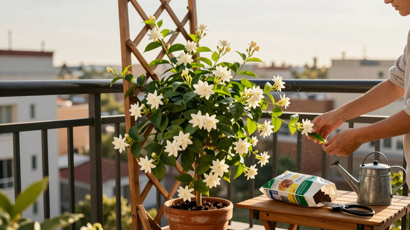 Pessoa colhendo flores brancas de planta em vaso no terraço com regador e adubo na mesa.