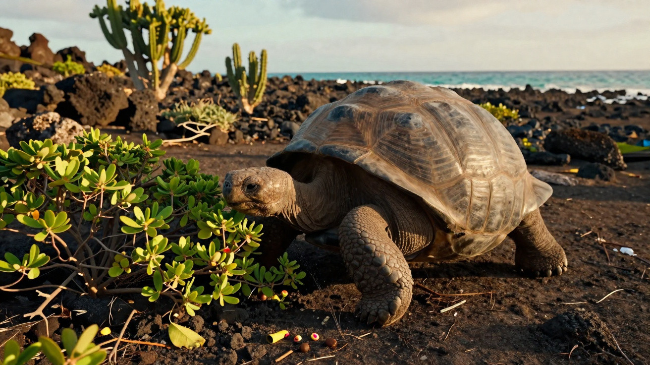 Tartaruga gigante caminhando em terreno rochoso com vegetação e cactos próximos ao mar ao fundo.