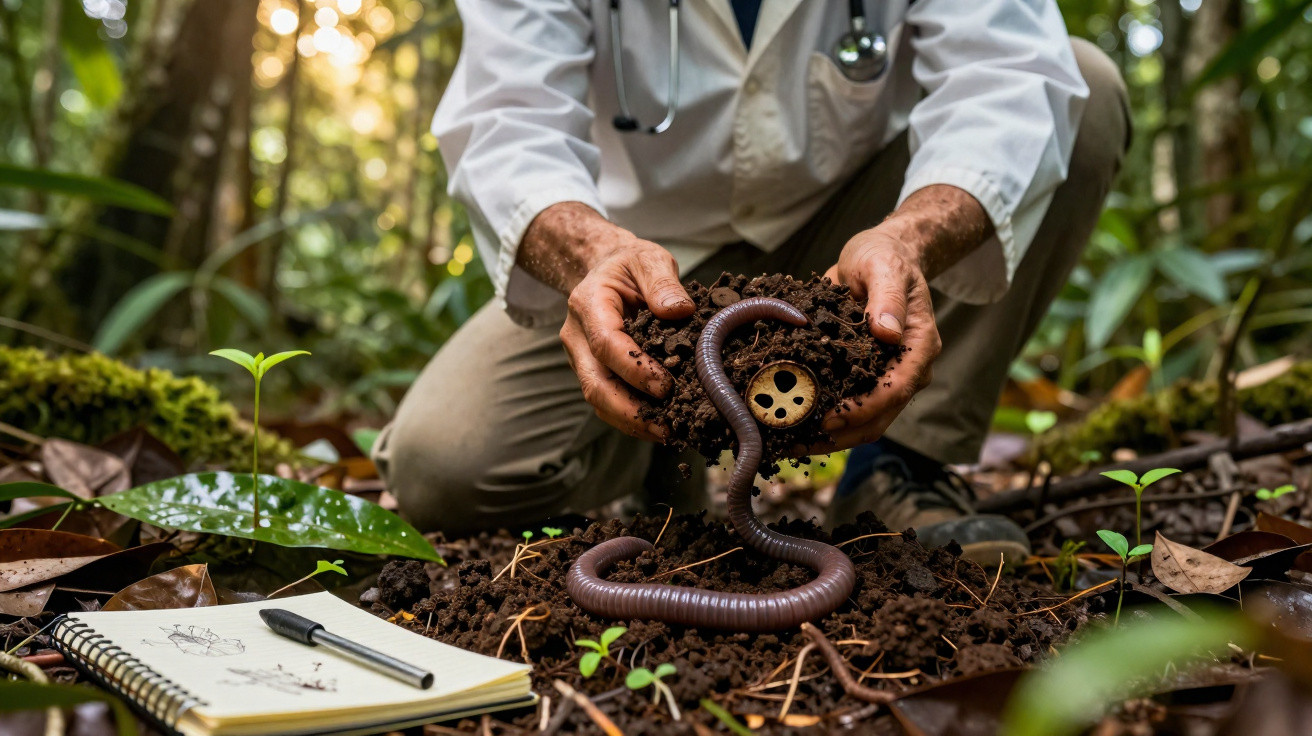 Pesquisador segurando terra com minhoca em floresta, caderno com anotações ao lado no chão.