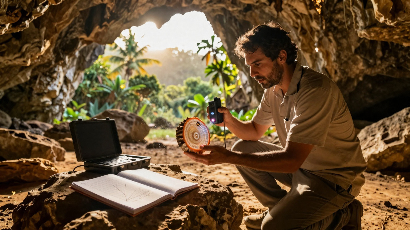 Homem analisando objeto redondo com equipamento eletrônico dentro de caverna iluminada pela luz do dia.