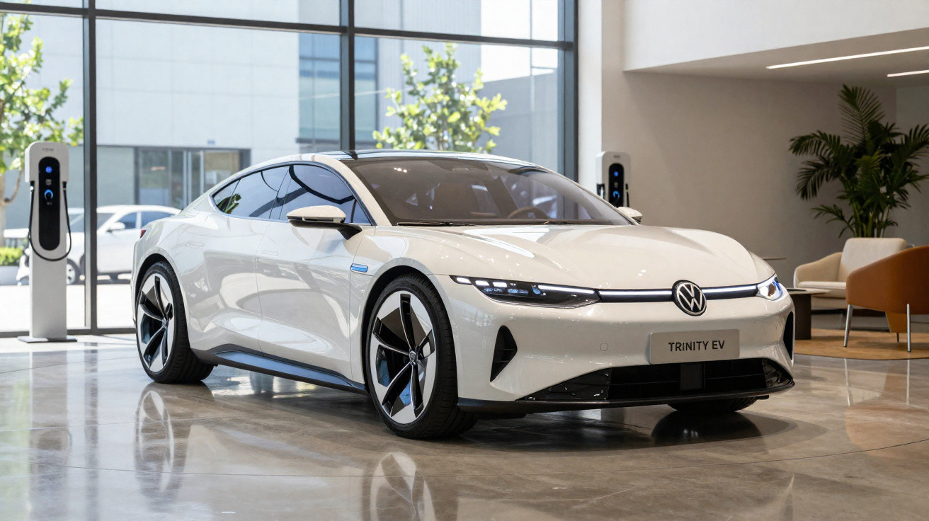 Carro elétrico branco Volkswagen Trinity EV estacionado em showroom moderno com pontos de recarga.