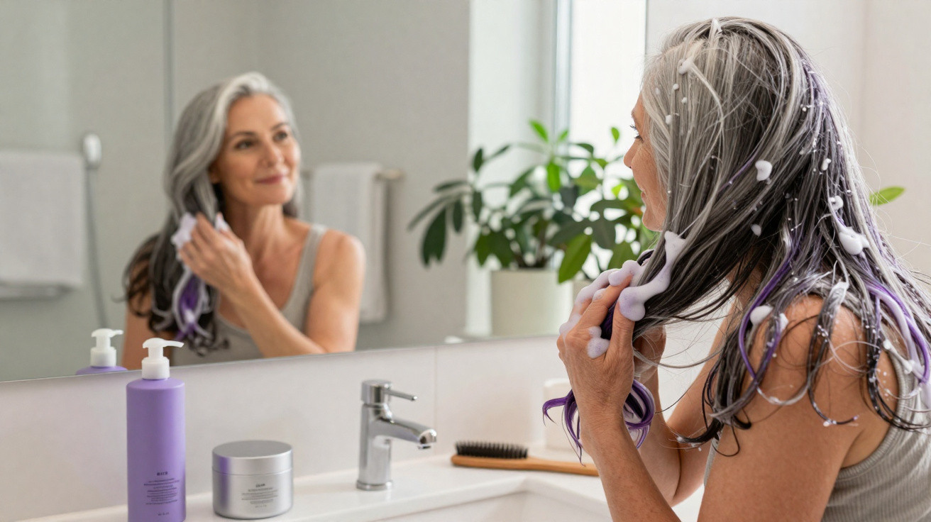 Mulher com cabelo grisalho e mechas roxas aplicando shampoo no cabelo em frente ao espelho do banheiro.