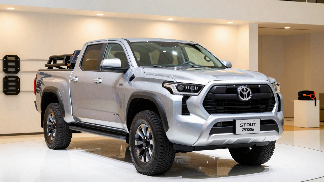 Picape Toyota Stout 2026 prata exibida em salão, ângulo frontal direito.