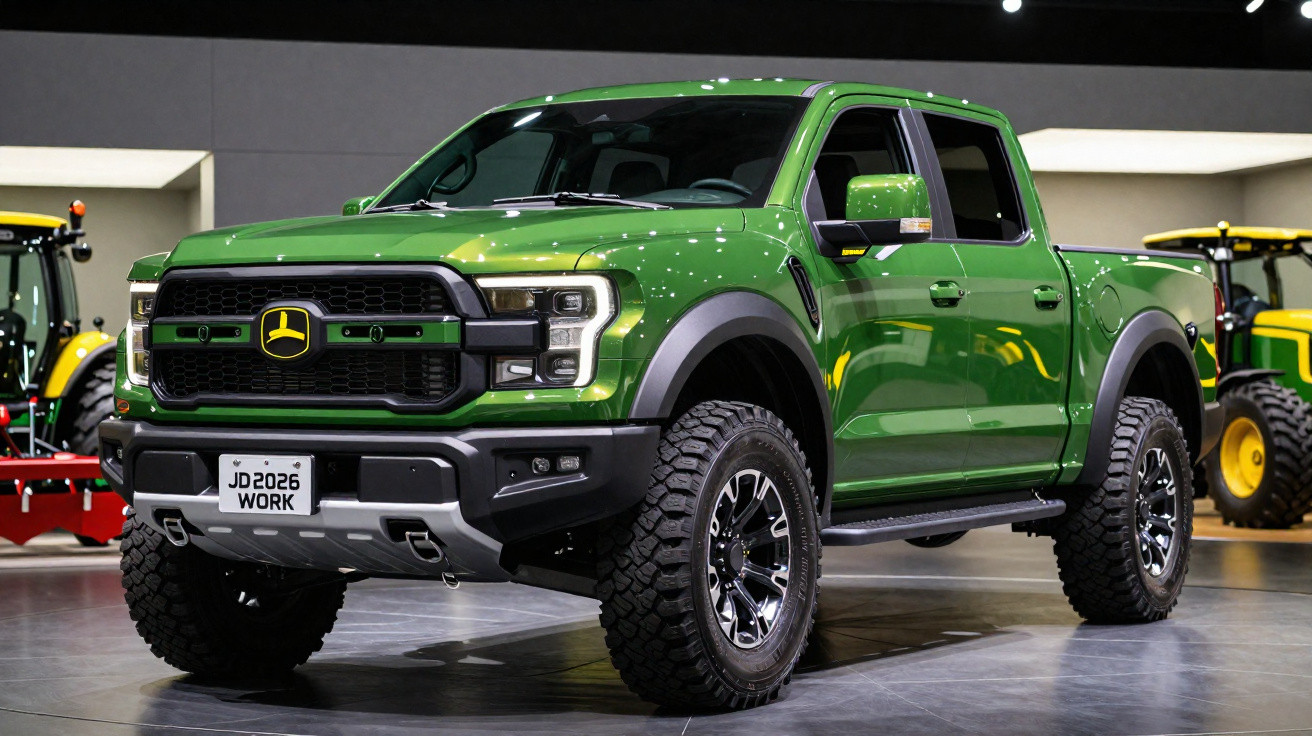 Picape verde com rodas grandes exibida em evento automotivo, com tratores amarelos ao fundo.