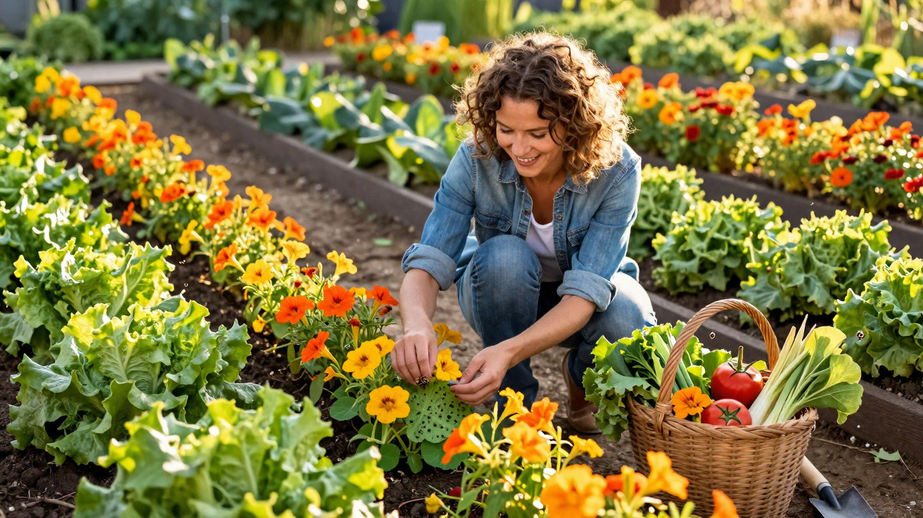 Mulher sorridente colhendo flores laranjas em horta com cesta cheia de legumes frescos ao lado.
