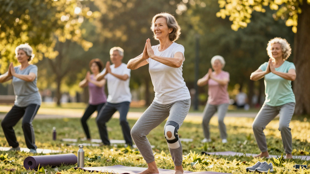 Grupo de idosos praticando yoga ao ar livre em parque ensolarado.