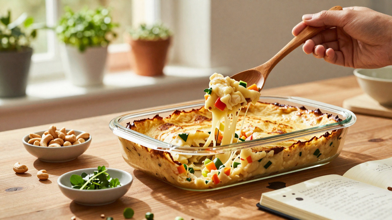 Pessoa pegando macarrão gratinado com legumes em travessa de vidro sobre mesa com caderno e potes de tempero.