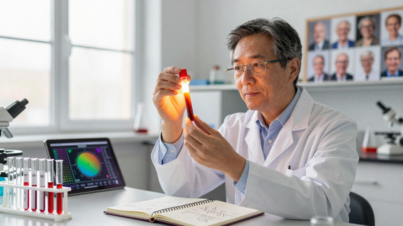 Cientista analisando tubo de ensaio com líquido vermelho em laboratório iluminado.