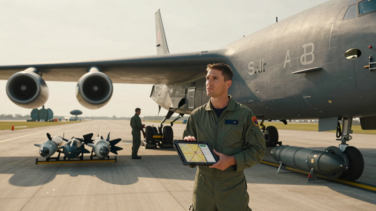 Homem em uniforme militar com tablet em pé ao lado de avião militar em pista de aeroporto.