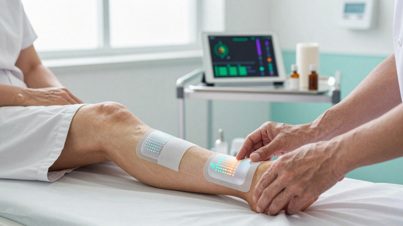 Pessoa em ambiente médico com sensores eletrônicos aplicados na perna, monitor ao fundo exibindo dados.