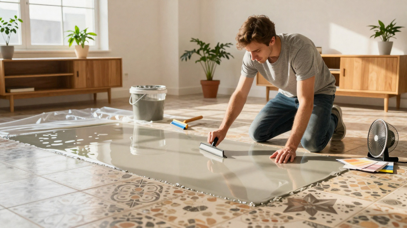 Homem aplicando revestimento autonivelante em piso decorativo de cerâmica em ambiente claro.