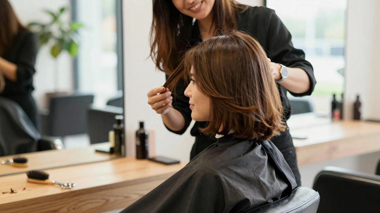 Cliente sentada em salão de beleza enquanto cabeleireira arruma seu cabelo castanho ondulado.