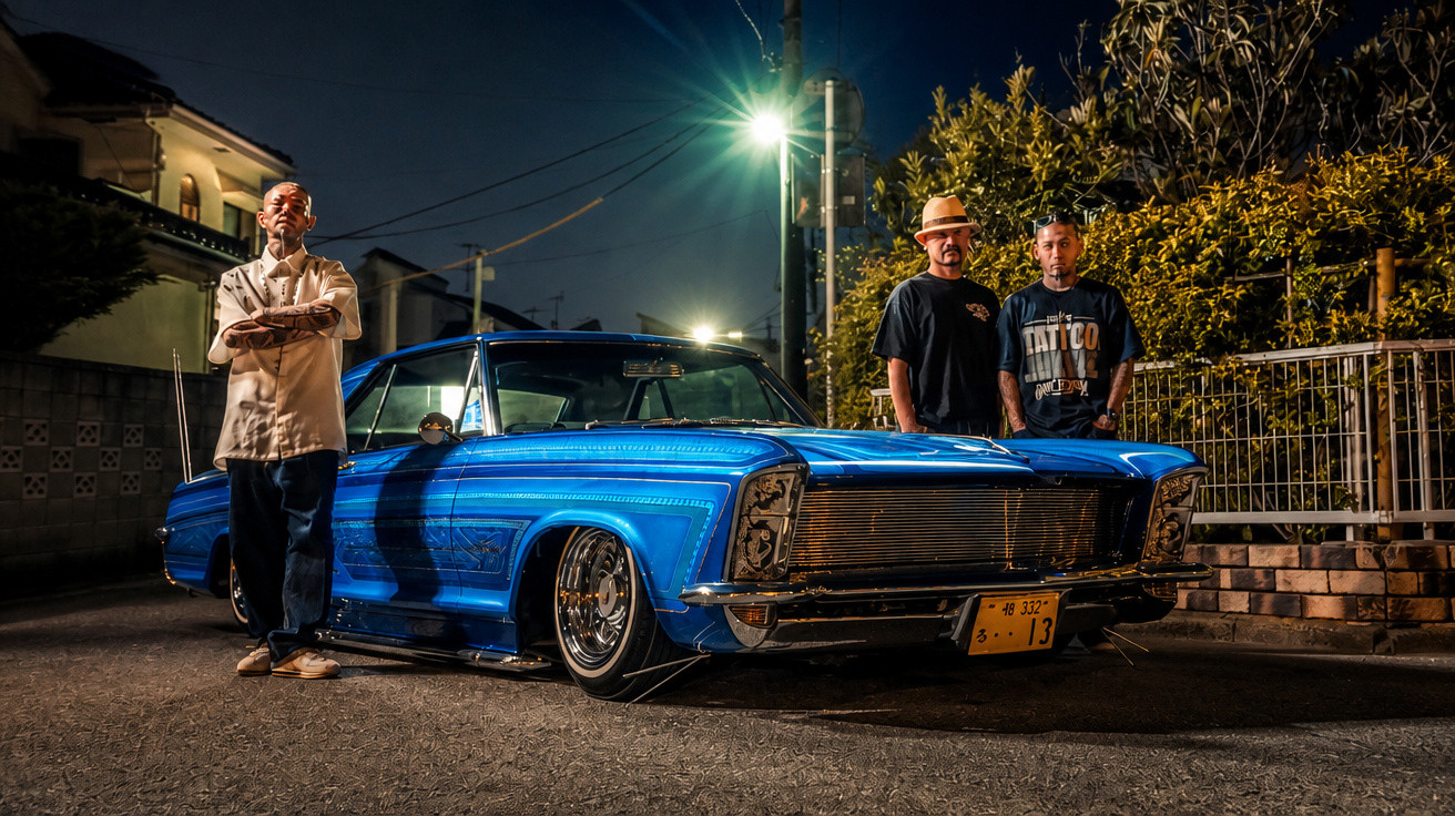 Homens posam ao redor de carro azul clássico customizado em rua à noite, com iluminação urbana.