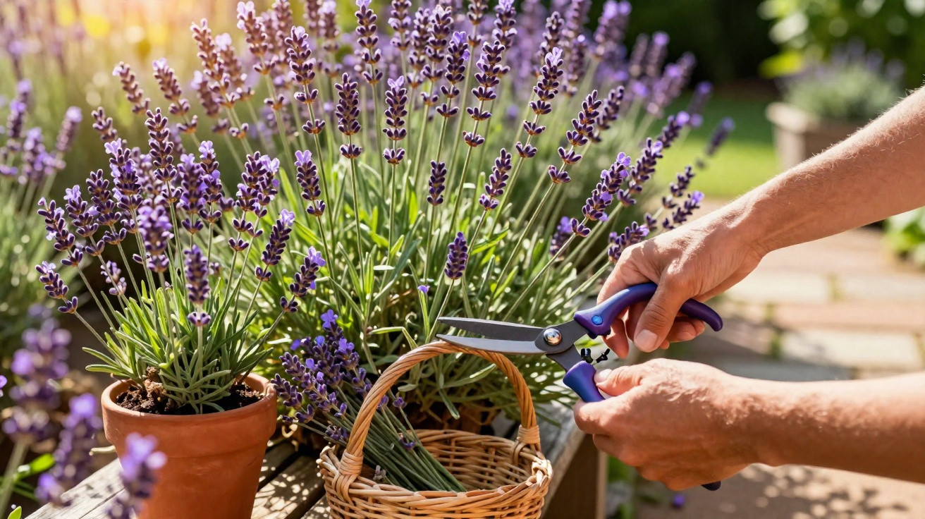 Pessoa colhendo flores de lavanda com tesoura de poda em vaso e cesta de vime ao sol.